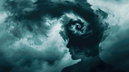 Fototapeta premium Silhouette of a human with stormy clouds swirling in a head representing mental turbulence and inner thoughts