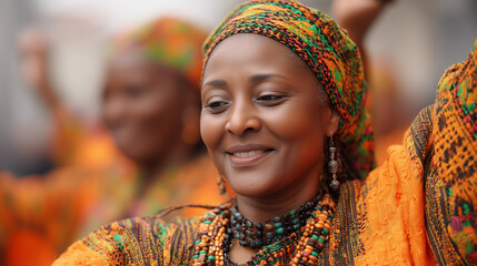 Graceful woman in bright orange African attire radiates cultural pride at the Carnival of Cultures parade