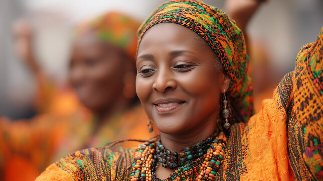 Graceful woman in bright orange African attire radiates cultural pride at the Carnival of Cultures parade