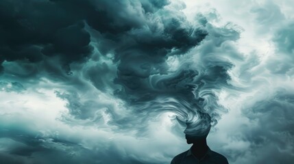 Silhouette of a human with stormy clouds swirling in a head representing mental turbulence and inner thoughts