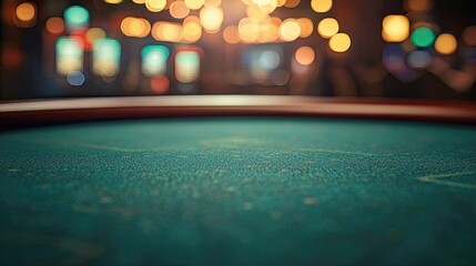 Close-Up of Empty Green Table with Blurred Casino Background, Ideal for Gambling, Casino, and Business Themes.