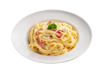 pasta carbonara front view full length isolated on transparent or white background