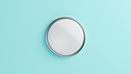 Round badge, white blank pin button mockup. Circle brooch mock up for design on blue background. 3d illustration