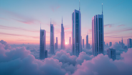 Obraz premium Futuristic Skyscrapers Above the Clouds at Sunset