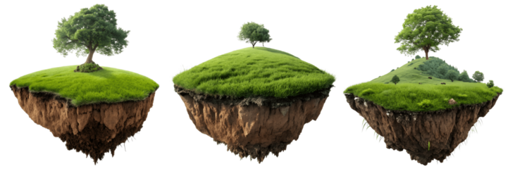 Set For floating islands with lush green grass and trees, isolated on transparent background