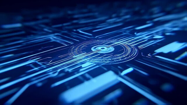 Futuristic Blue Circuit Board with Glowing Central Core
