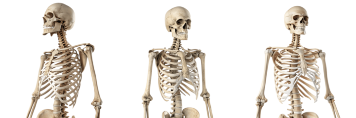 Set For Three anatomical skeletons isolated on transparent background, bone structure