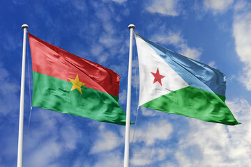 A Burkina Faso and Djibouti flag, a metaphor for East African unity, wave together against a blue sky, symbolizing friendship and cultural exchange.