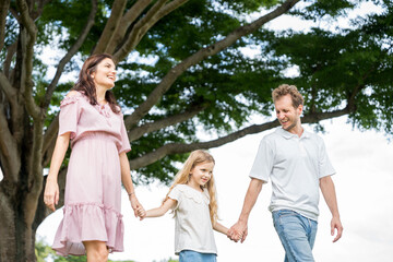 Happy family parent children having picnic outdoor activity. Enjoy happiness moment summer playing together including father mother son and daughter relaxing in the morning sunrise.