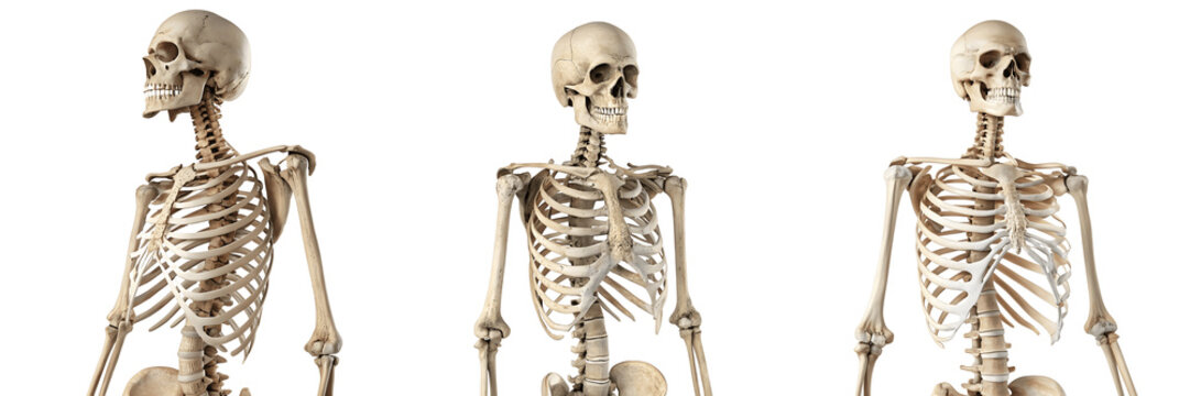 Set For Three anatomical skeletons isolated on transparent background, bone structure
