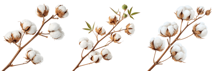 Set For cotton branches with fluffy bolls isolated on transparent background