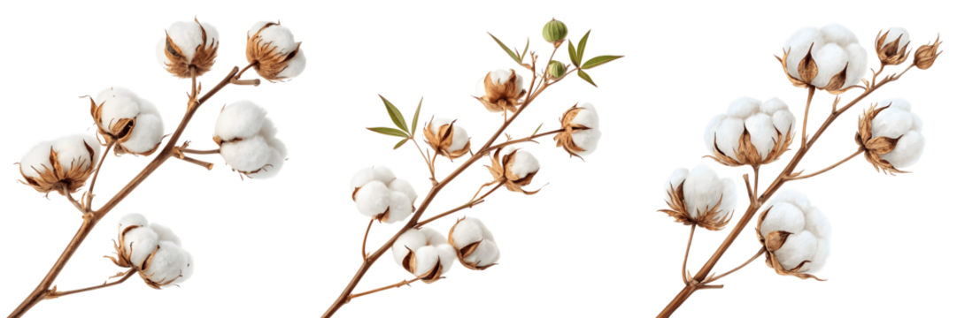 Set For cotton branches with fluffy bolls isolated on transparent background