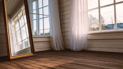 Fototapeta premium Sunlit room with a large mirror reflecting windows and curtains, showcasing a serene atmosphere