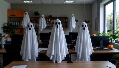 Faceless Ghosts Hanging in Small Office Space for Halloween Decor