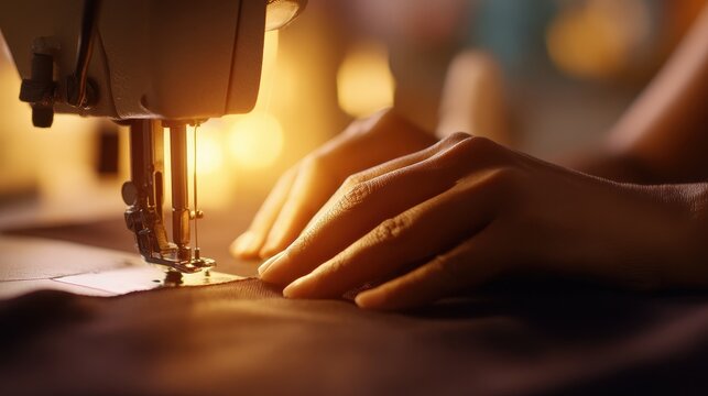 Close-up of hands sewing fabric on a sewing machine with warm lighting in the background - Powered by Adobe