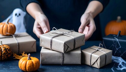 Hands Wrapping Halloween Themed Soap Bars in Rustic Paper