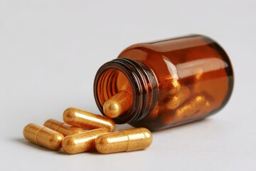 Golden Capsules in a Brown Glass Bottle