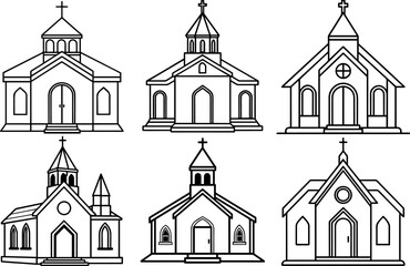 Set of chapel outline vector illustration line art