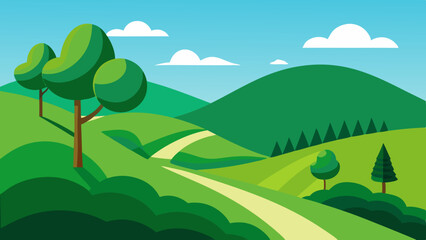 Obraz premium Green Rolling Hills Landscape with Farmhouse and Trees