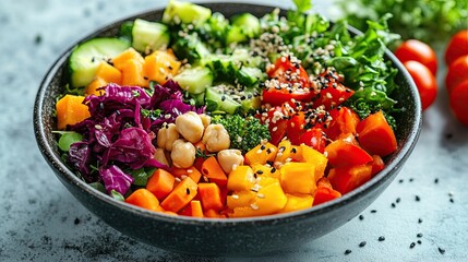 Colorful salad bowl filled with fresh vegetables, mixed greens, and dressing, isolated on white for a healthy meal.