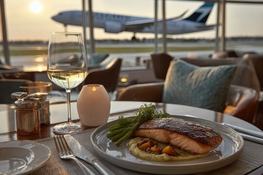 Indulge in Luxurious Airport Lounge Experience with Gourmet Dining and Scenic Airplane Views - Powered by Adobe