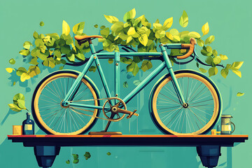 A vibrant turquoise bicycle elegantly displayed on a wooden shelf surrounded by lush green leaves