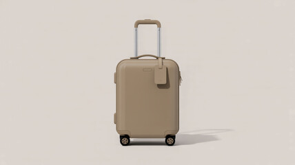 A product photo of a minimalist beige carry-on suitcase against a plain light gray background