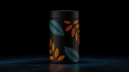 A product photograph of a matte black cylindrical container with a tropical leaf design against a dark background.
