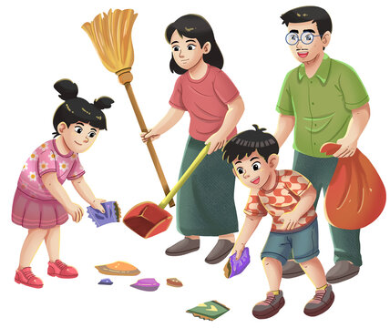 Family Cleaning Together for Gotong Royong Illustration
