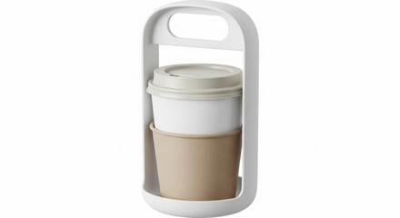 Minimalist white plastic coffee cup carrier with two cups, providing a convenient and sustainable takeaway coffee solution on a clean white background
