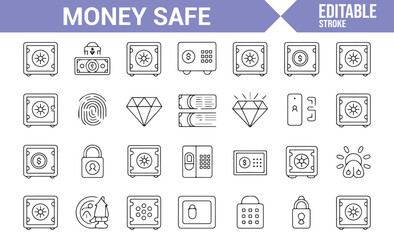 Vector Set of Money Safe and Lock Icons for Banking and Finance Use