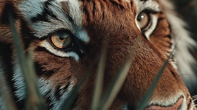 Magnificent Tiger Close-Up: Intense Gaze Amidst Lush Foliage in a Jungle Setting