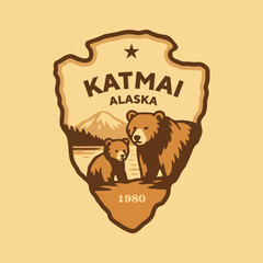 Emblem sticker logo illustration of Katmai National Park, Alaska, USA.