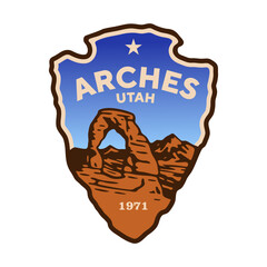 Emblem sticker logo illustration of Arches National Park, Utah, USA.