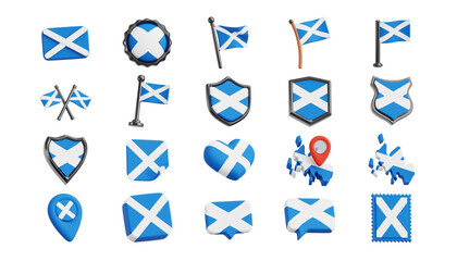 Scotland Flag 3D Icons – Scottish National Flag in Map, Pin, Heart, and Shield Styles