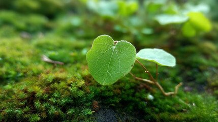 In close-up, a small oval shaped green leaf with two strong leaves grows on a light green moss
