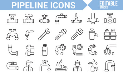 Simple Line Icons of Pipes, Valves, and Maintenance Tools for Infrastructure