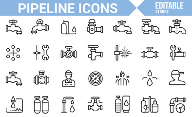 Plumbing and Pipeline Icons for Engineering, Water, and Gas Systems