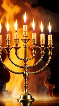 Seven arms golden Menorah of the Tabernacle with fiery flames vertical video