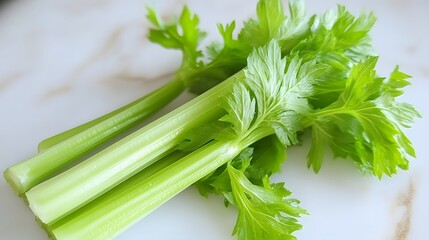 Fresh Green Celery Stalks and Leaves Close Up