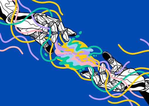 Two Robotic Hands Reaching Toward Each Other &ndash; Futuristic AI Technology Illustration