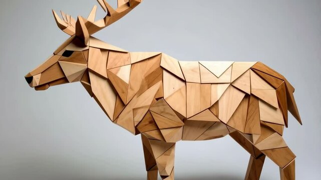 Geometric wooden deer sculpture assembled from triangles and trapezoids on a plain background creates a modern art piece.
