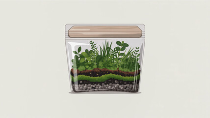A product photograph of a small terrarium kit in a clear plastic package with a light wooden lid.