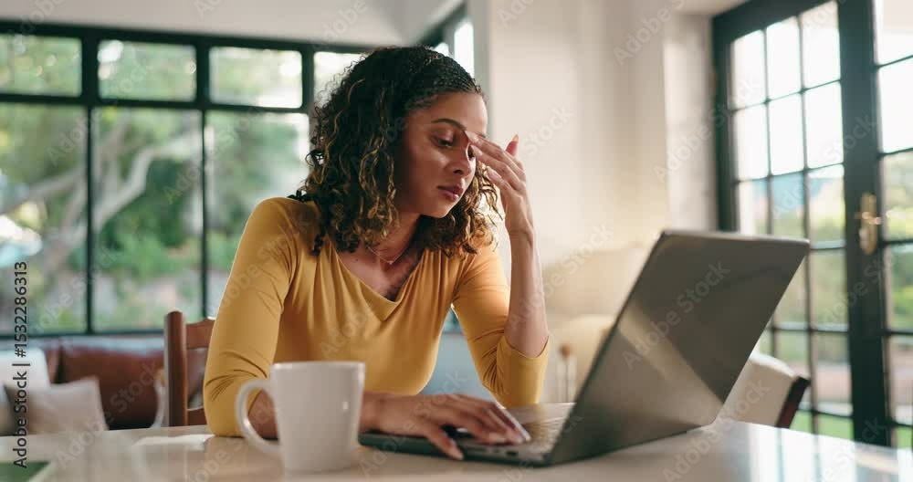 Poster burnout, freelancer and woman with laptop, home and video editor with headache for workload or tech.