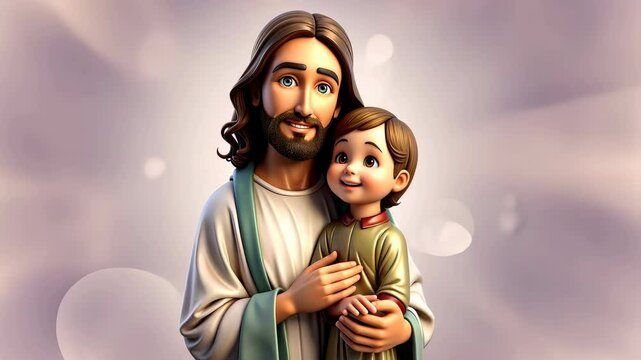 3D cartoon of Jesus Christ holding a child in His hands kids illustration