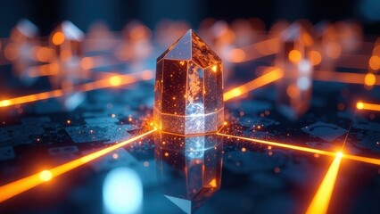 Cube made of glass is surrounded by a bright orange glow. The cube is the center of attention