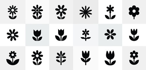 Collection of Simple Black Flower and Tulip Icons