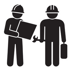 Construction Workers with Blueprint and Tools Icon – Collaboration and Jobsite Planning