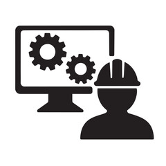 Engineer with Gear Icons on Monitor – Construction Technology and System Operations Concept