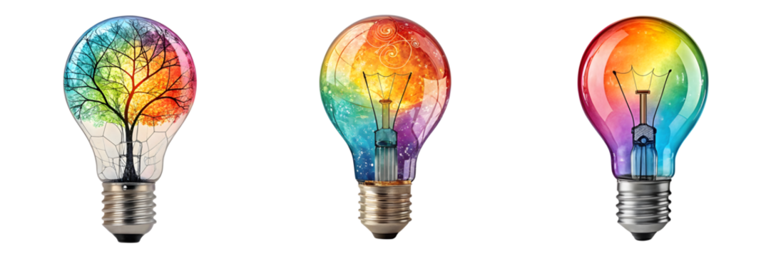 Set For Three light bulbs filled with rainbow colors and a tree, isolated on transparent background - Powered by Adobe
